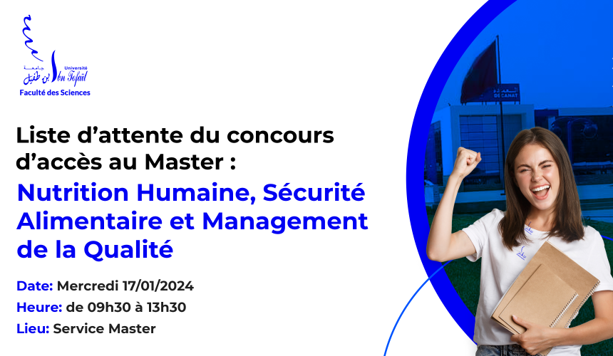 Liste d’attente du Master Nutrition Humaine, Sécurité Alimentaire et Management de la Qualité