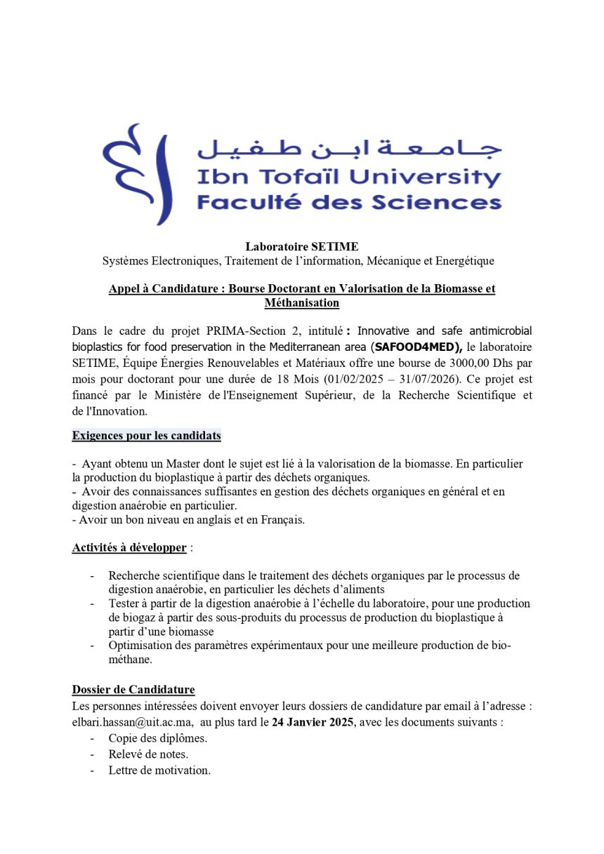 Appel à Candidature : Bourse Doctorant en Valorisation de la Biomasse et Méthanisation