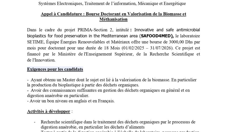 Appel à Candidature : Bourse Doctorant en Valorisation de la Biomasse et Méthanisation