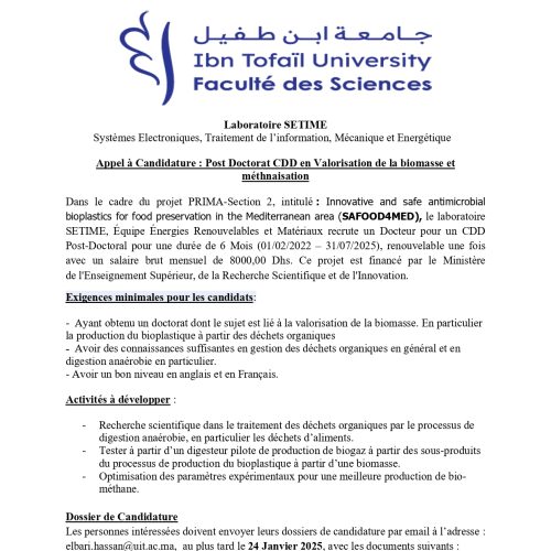 Appel à Candidature : Post Doctorat CDD en Valorisation de la biomasse et méthanisation
