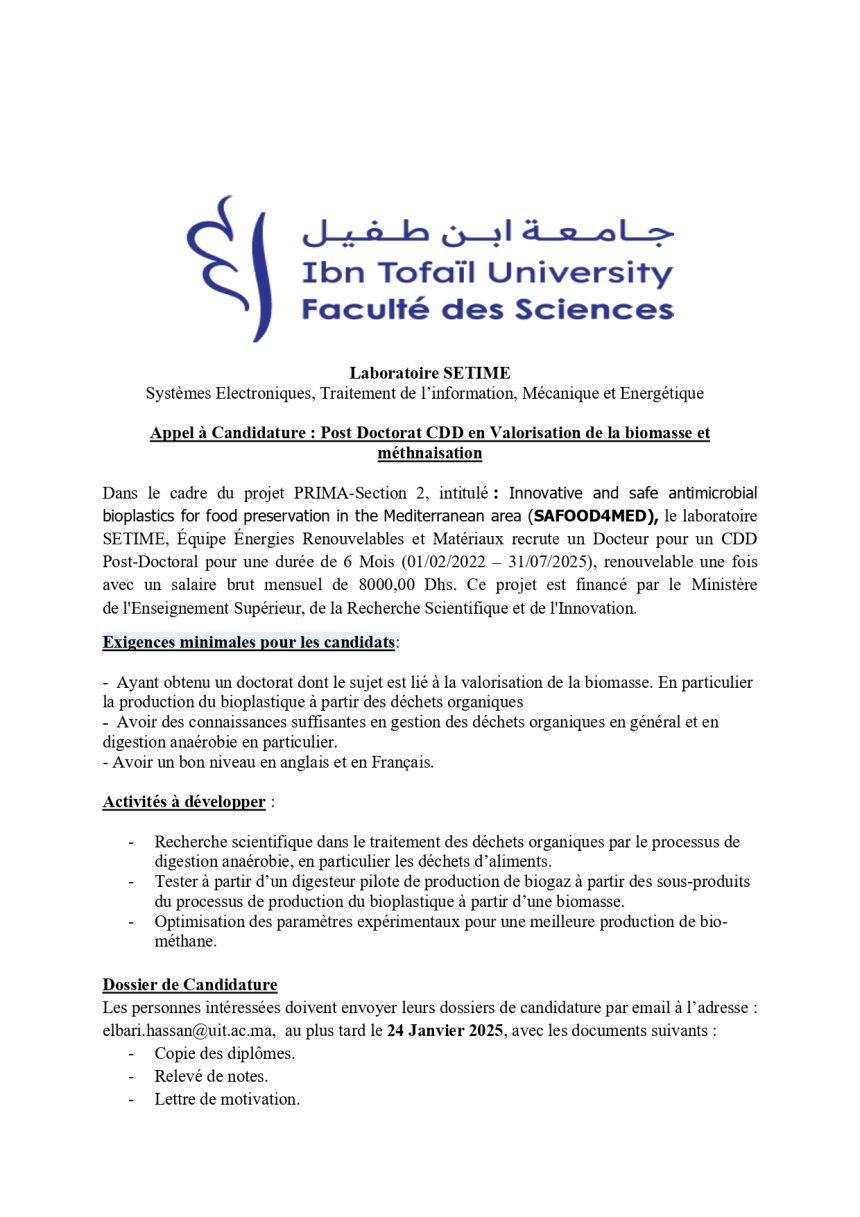 Appel à Candidature : Post Doctorat CDD en Valorisation de la biomasse et méthanisation