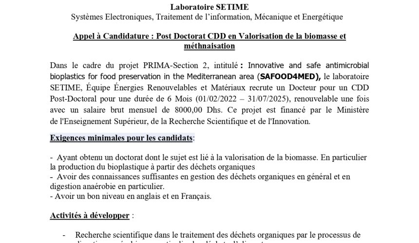 Appel à Candidature : Post Doctorat CDD en Valorisation de la biomasse et méthanisation
