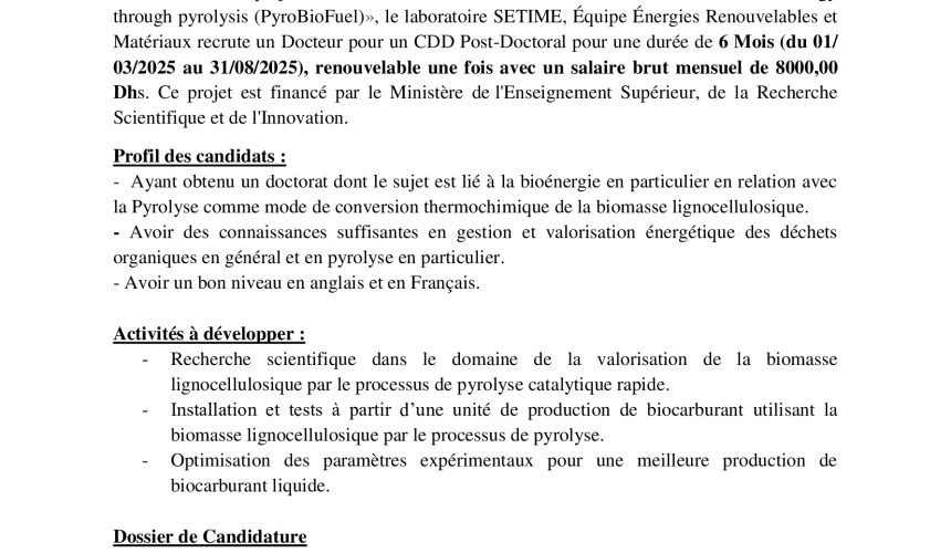 Appel à Candidature : Post Doctorat en Pyrolyse et Bioénergie