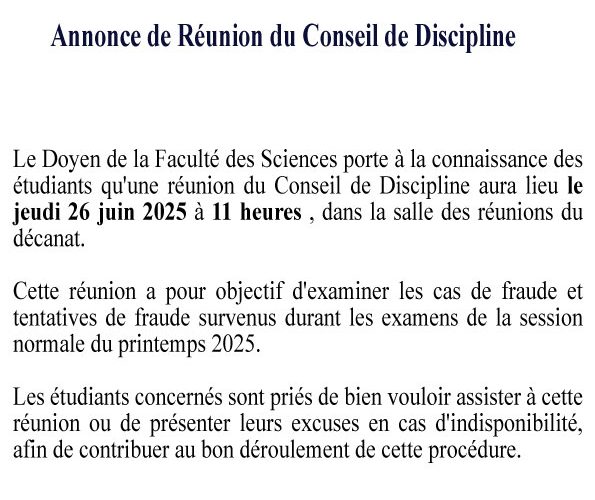 Annonce de Réunion du Conseil de Discipline Annonce de Réunion du Conseil de Discipline