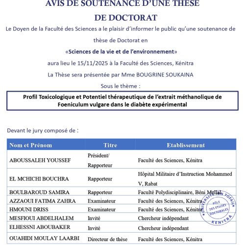 Avis de soutenance de thèse de Mme BOUGRINE SOUKAINA Avis de soutenance de thèse de Mme BOUGRINE SOUKAINA