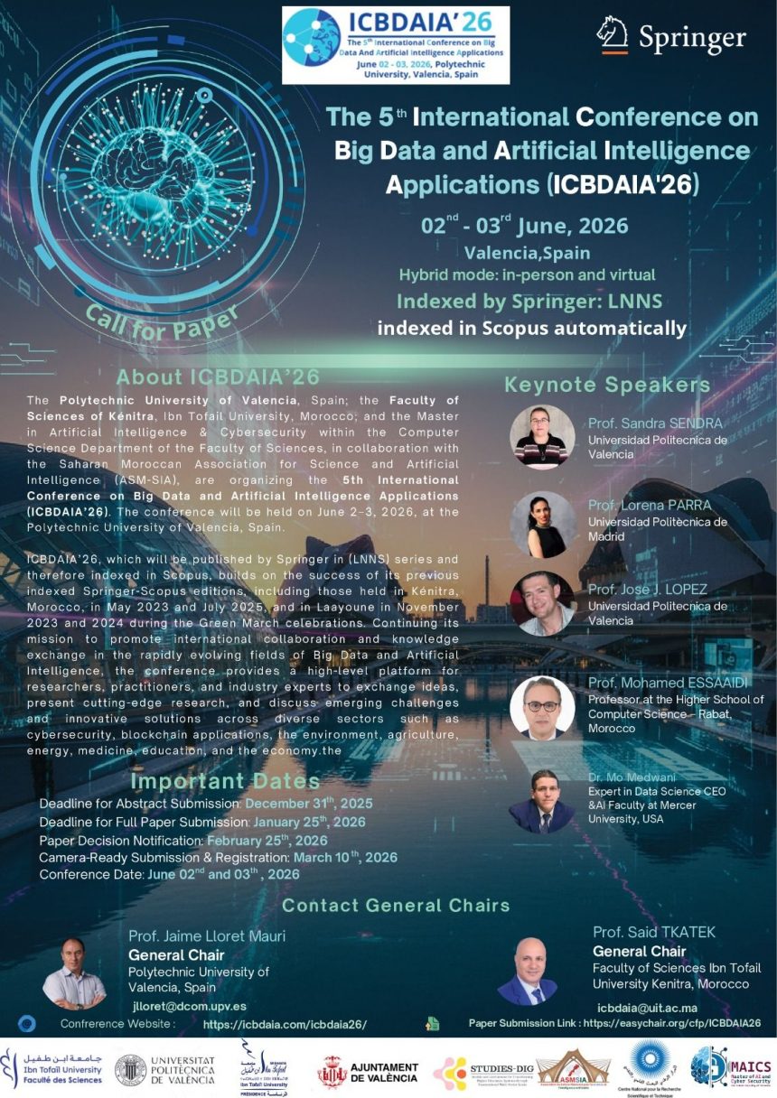Organisation de The 5th International Conference on Big Data and Artificial Intelligence Applications – ICBDAIA’26 Organisation de The 5th International Conference on Big Data and Artificial Intelligence Applications – ICBDAIA’26