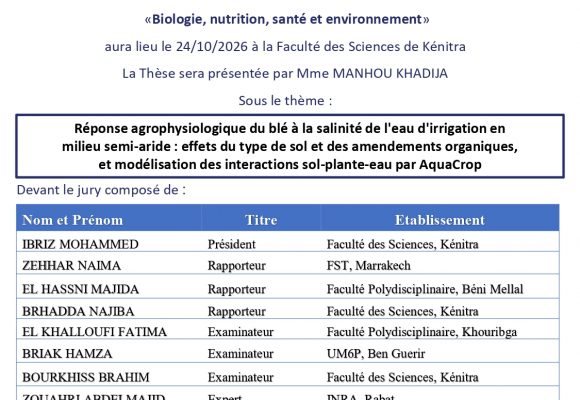 Avis de soutenance de thèse de Mme MANHOU KHADIJA