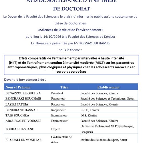 Avis de soutenance de thèse de Mr MESSAOUDI HAMID Avis de soutenance de thèse de Mr MESSAOUDI HAMID
