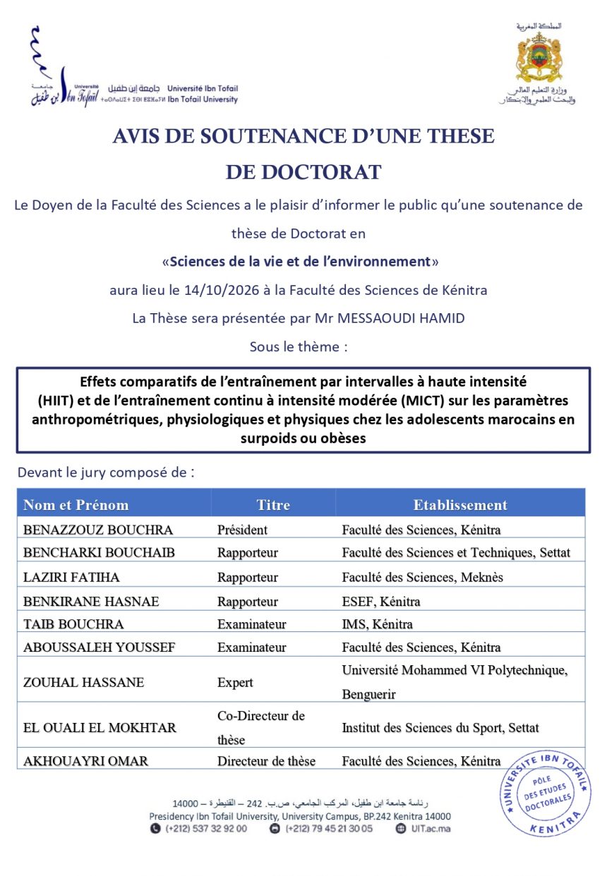 Avis de soutenance de thèse de Mr MESSAOUDI HAMID