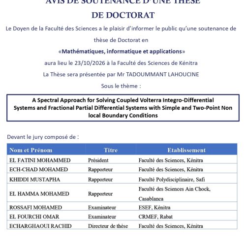 Avis de soutenance de thèse de Mr TADOUMMANT LAHOUCINE