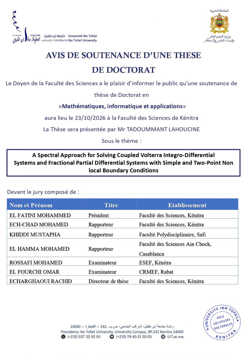 Avis de soutenance de thèse de Mr TADOUMMANT LAHOUCINE